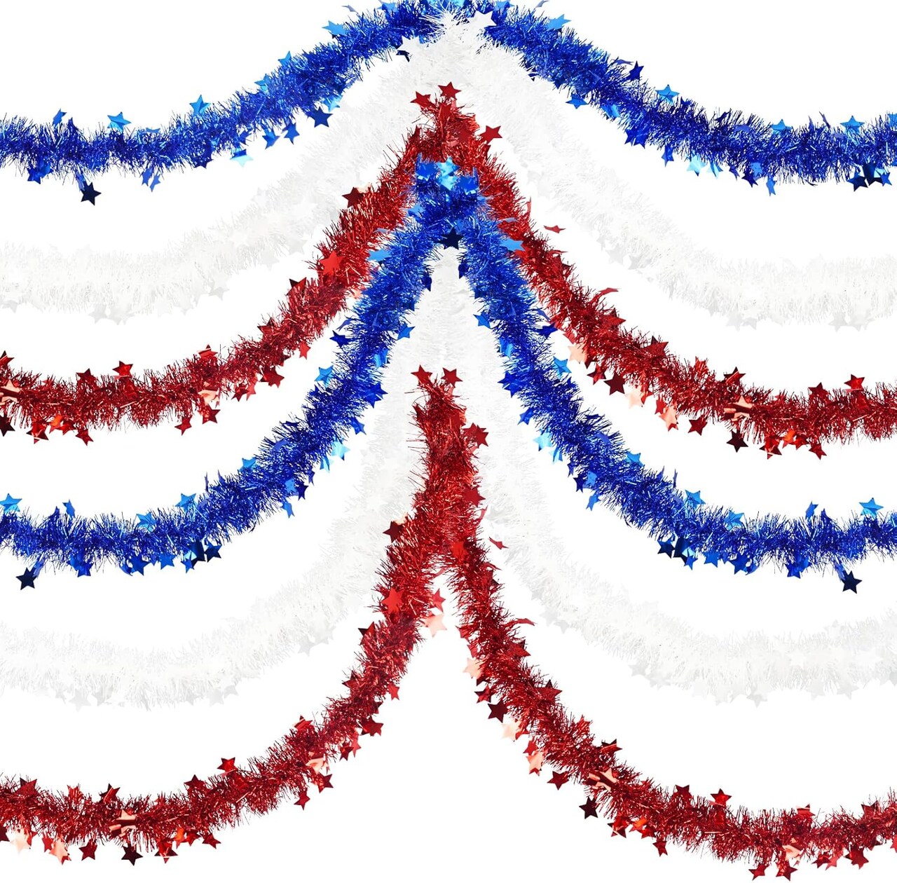 3 Pcs 50 Ft 4th of July Patriotic Garland Tinsel Stars Garland Decorations for Memorial Day 4th of July Outdoor Home Holiday Decor Blue, Red, White